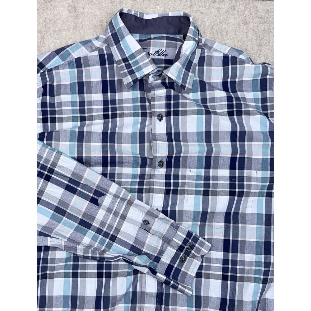 Tasso Elba Men’s Long Sleeve Button Down 100% Cotton M 15-15.5 Blue Plaid - Picture 1 of 7